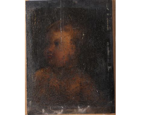 An 18th century oil on panel portrait of a child, 10" x 14", unframed, and one other panel, building and ghost horse rider, 7