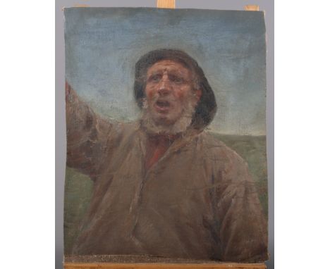 An oil on canvas, portrait of a fisherman, 12 1/4" x 15", unframed, a similar study, fisherman and daughter, 18" x 13", and t