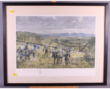 Lionel Edwards: a signed hunting print, in ebonised frame, John Leech: a colour print, huntsmen, in gilt frame, and one other