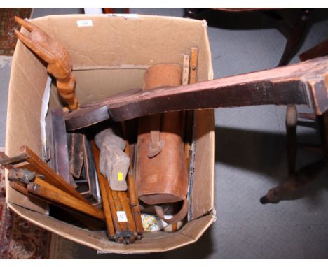 Five wooden tripods and camera parts, in leather cases and a barometer case