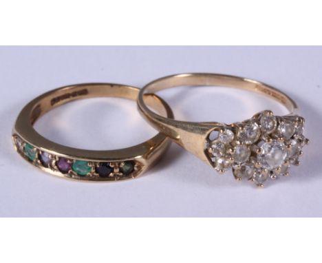 A 9ct gold stone set 'Dearest' ring, size M, and a 9ct gold stone set cluster ring, size S