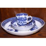 Four pieces of early 19th century blue and white English porcelain including a saucer dish and