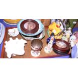 A Staffordshire Gin and Water figure, a pair of Staffordshire figures with dogs, four assorted