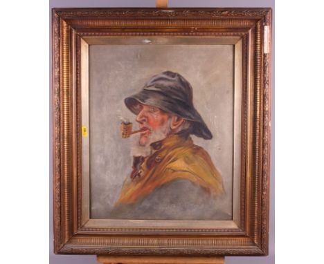Dean: a 19th century oil on canvas, portrait of a sailor with corn cob pipe, 13 1/2" x 16 1/2", in gilt frame
