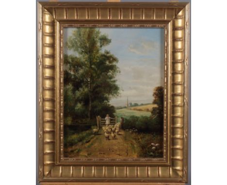 M P: a late 19th century oil on panel, shepherd with sheep by a gate, monogrammed, 11" x 8", in gilt frame