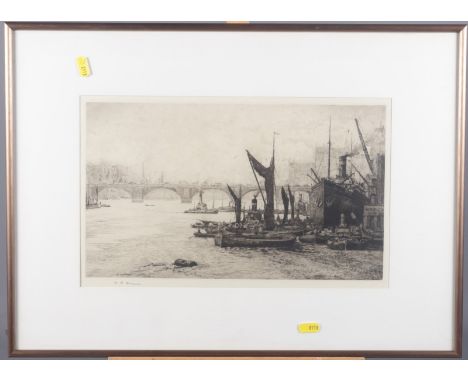 H P Evans: a signed etching "London Bridges", in gilt strip frame, and Arthur Riscoe: a signed etching 41/75, "Brightling Sea