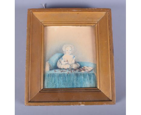 Isabella Hall Portslade (early 19th century): watercolour on paper, young child seated playing with chess pieces, signed and 