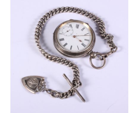 A silver cased open faced pocket watch with white enamel dial and subsidiary seconds dial, on silver Albert watch chain