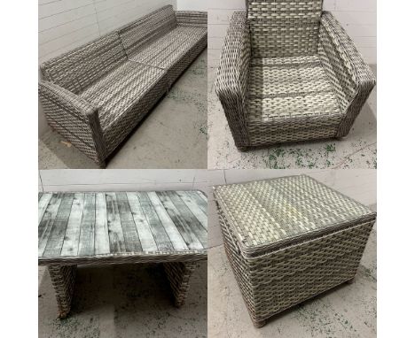 A garden lounge modular set, including table, two sofas, storage box and chair (table is AF but useable) ( smaller sofa H76cm