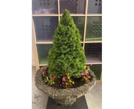 A concrete brick effect planter with tree 