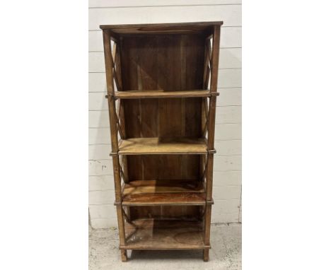 A hardwood four shelf shelving unit with X frame sides AF (H146cm W60cm D29cm)