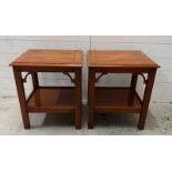 A pair of veneered side tables with shelf under and string inlay to tops (H56cm W49cm D41cm)