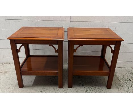 A pair of veneered side tables with shelf under and string inlay to tops (H56cm W49cm D41cm)