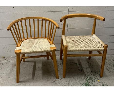 Two contemporary light wood dining chairs with cream rattan seats 