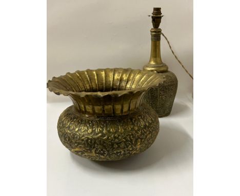 Two Indian repousse brass items to include lamp and planter 