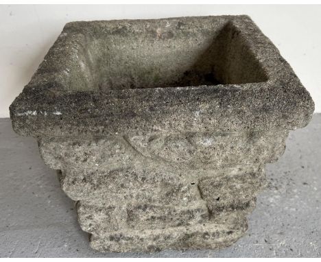 A large vintage concrete square shaped stone wall effect garden planter. Approx. 30cm tall x 35cm wide. 