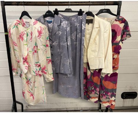 3 ladies skirt and dress suits. A floral dress with cream jacket by Fenn Wright Manson, a lilac skirt and matching jacket by 