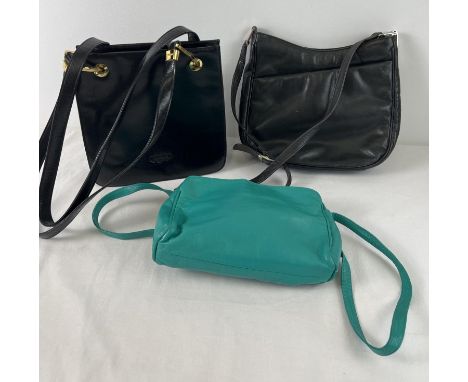 3 leather handbags. 2 black shoulder bags by Jane Shilton together with a small jade green shoulder bag. Largest approx. 28cm