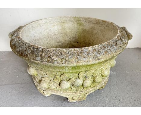 A large Willowstone circular garden planter from the "Marbella" range, decorated with fruits. Model no. T20. Approx. 28cm tal
