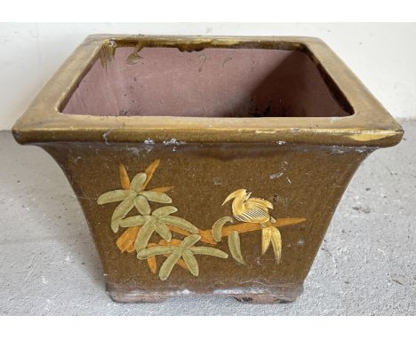 A large square shaped bonsai planter with brown glaze, sides hand painted with floral and bird designs. Approx. 25cm tall x 3