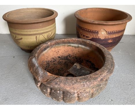3 large terracotta garden planters. 2 matching planters with coloured banded detail (approx. 26cm tall x 37cm diameter) toget