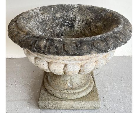 A vintage concrete pedestal based garden planter of classical design with foliate design to rim. 2 sectional, approx. 39cm ta