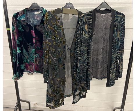 3 items of velvet and devore ladies clothing. A floral design long sleeve shirt, size 16, a tie front cover up/jacket, size 1