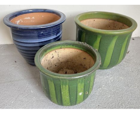 3 stoneware garden planters with blue &amp; green glaze. 2 matching striped green glazed planters of graduating size together