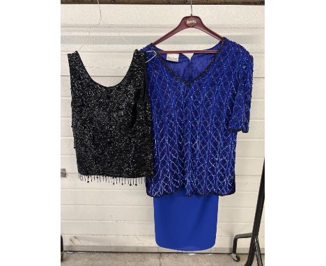 A heavily beaded top, in blue, with matching plain skirt by Frank Usher, size M. Together with a sleeveless black heavily bea