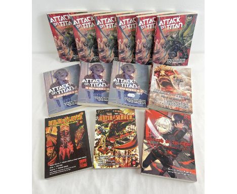 13 assorted paperback manga and light novels, to include Attack on Titan, Seraph and Ninja Slayer. Lot include duplicates of 