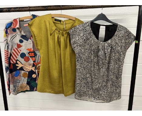 3 designer tops. An abstract design blouse by Vilagallo, size 44, a mustard patterned top by Apanage, size 14, and a sequin t