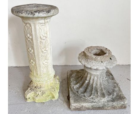 2 concrete garden pedestal bases. A modern slim base with foliate design and peg hole to top (approx. 49cm tall) together wit