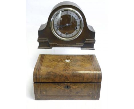 A VICTORIAN INLAID WALNUT BOX AND AN OAK MANTLE CLOCK
