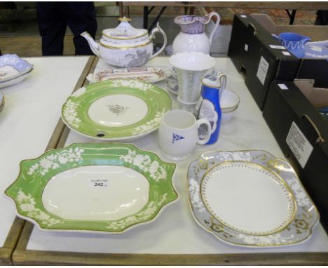 A GROUP OF SPODE AND COPELAND BONE CHINA AND EARTHENWARE INCLUDING A BAT PRINTED OVAL TEAPOT AND COVER, FAULTS, EARLY MID 19T