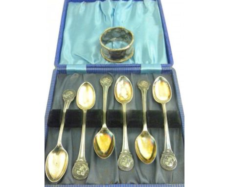 A SET OF SIX GEORGE VI SILVER WINSTON CHURCHILL COMMEMORATIVE COFFEE SPOONS, SHEFFIELD 1941, CASE AND A SILVER NAPKIN RING, 3