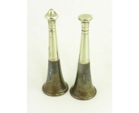 PAIR OF ELIZABETH II SILVER AND PARTLY OXIDISED HUNTING HORN NOVELTY SALT AND PEPPER CASTERS, LONDON 1990