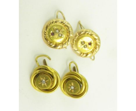 A PAIR OF DIAMOND GIPSY SET GOLD EARRINGS AND SIMILAR PAIR OF RUBY AND SEED PEARL SET GOLD EARRINGS, 3.87G