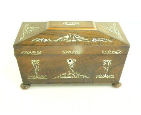 A VICTORIAN MOTHER OF PEARL INLAID ROSEWOOD TEA CADDY OF SARCOPHAGUS SHAPE WITH FITTED INTERIOR AND PAIR OF CANISTERS