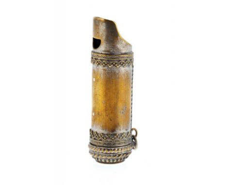 A NICKEL PLATED BRASS WHISTLE VESTA CASE  the lid inset with a compass, 6.6cm h, c1890  ++Plating worn but complete, no signi