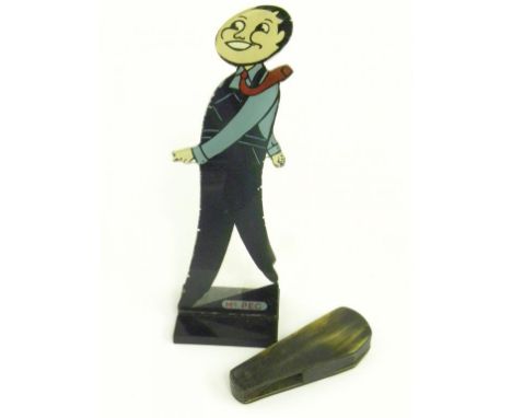 A 19TH CENTURY VETINARY FLEAM WITH HORN SCALES AND AN ACRYLIC RETAILERS SHOP WINDOW FIGURE OF MR PEG