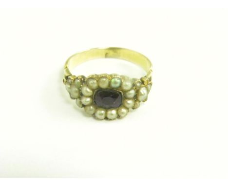 A GEORGIAN GARNET AND SPLIT PEARL CLUSTER RING, IN GOLD, 3.3G