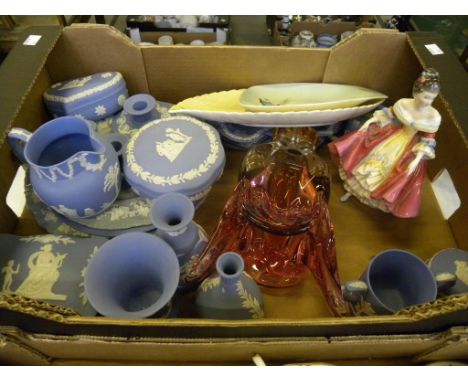 A QUANTITY OF WEDGWOOD SOLID BLUE JASPER TRINKET WARE, A ROYAL DOULTON FIGURE OF SOUTHERN BELL, ETC 