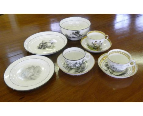 A QUANTITY OF NEW HALL BAT PRINTED TEA WARE, EARLY 19TH CENTURY