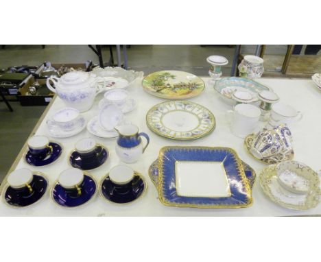 A SET OF FIVE ROYAL WORCESTER JEWELLED COBALT GROUND COFFEE CUPS AND SAUCERS AND VARIOUS OTHER CERAMICS, EARLY 19TH C AND LAT