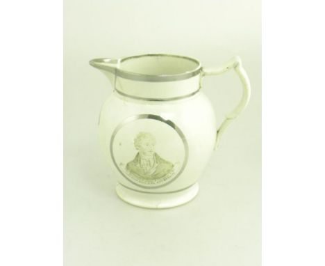 A COMMEMORATIVE PEARLWARE JUG, PRINTED WITH PORTRAIT OF SIR FRANCIS BURDETT AND INSCRIPTION IN SILVER RESIST BORDERS, C1810 (