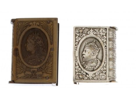 TWO TOP AND BOTTOM LIDDED ROYAL COMMEMORATIVE VESTA CASES  of book shape of nickel plated brass or vulcanite, with portrait o