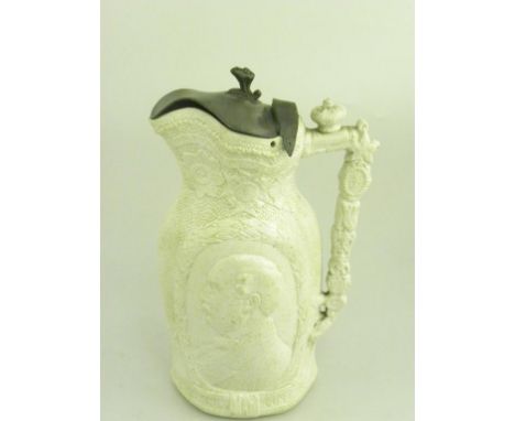 A VICTORIAN PRESS MOULDED WHITE STONEWARE ROYAL COMMEMORATIVE JUG WITH PORTRAIT OF THE PRINCE CONSORT, C1860, PEWTER LID (DET