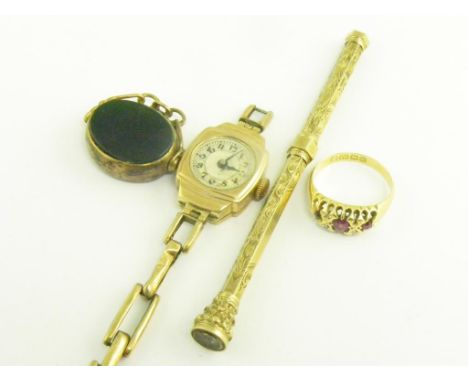 A RUBY AND DIAMOND RING IN 18CT GOLD, A DAMAGED GOLD FOB SEAL AND LADY'S WRISTWATCH AND A GOLD PENCIL