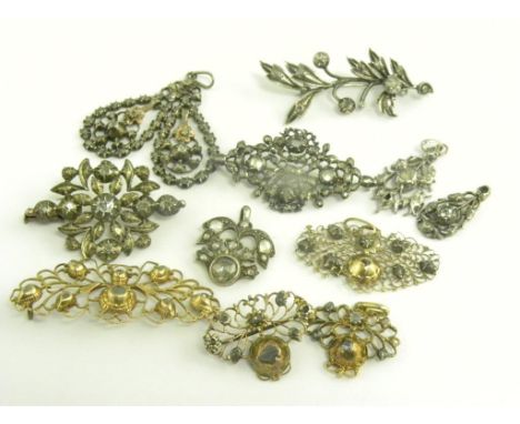 A COLLECTION OF CONTINENTAL DIAMOND SET SILVER AND GOLD JEWELLERY, PRINCIPALLY BROOCHES, 19TH AND EARLY 20TH C