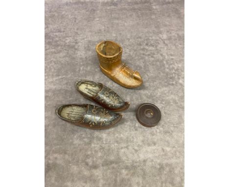 A pair of vintage treen shoes with one other, with a lignum vitae threaded screw box